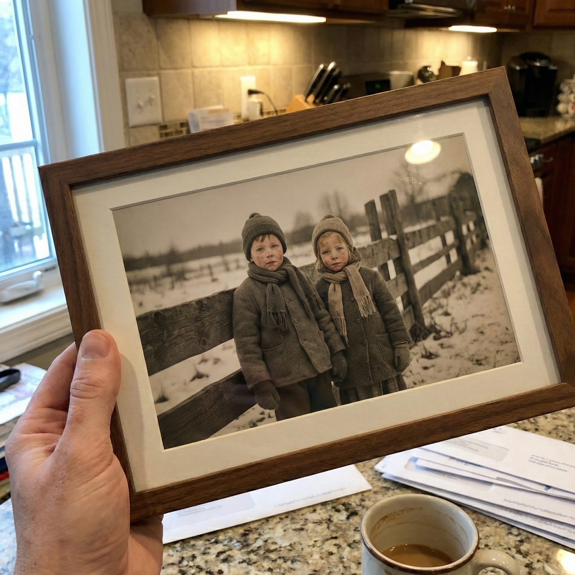 Atkurta nuotrauka rėmelyje su dviem vaikais