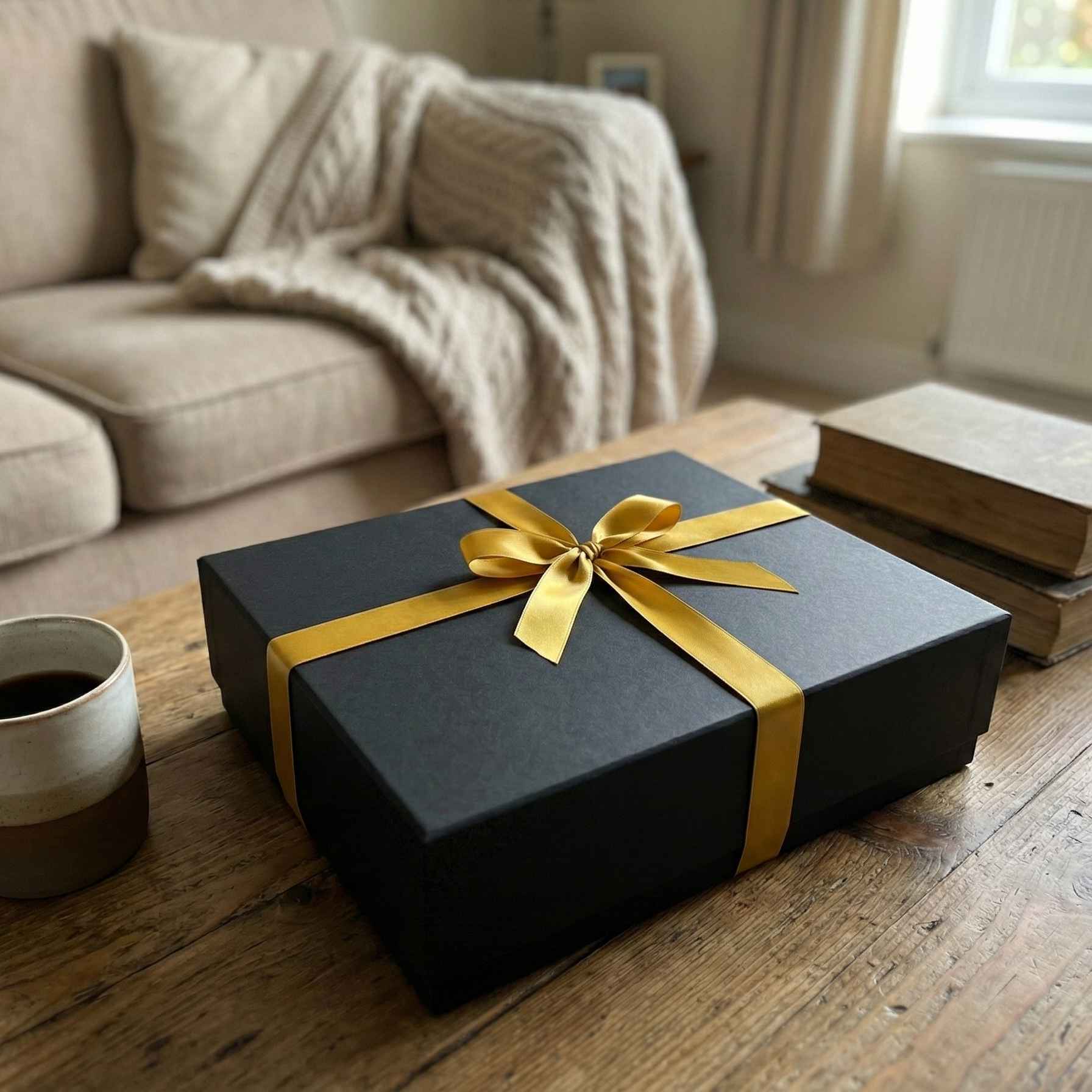 Juoda dovanų dėžutė su auksiniu kaspinu ant medinio stalo jaukioje svetainėje.