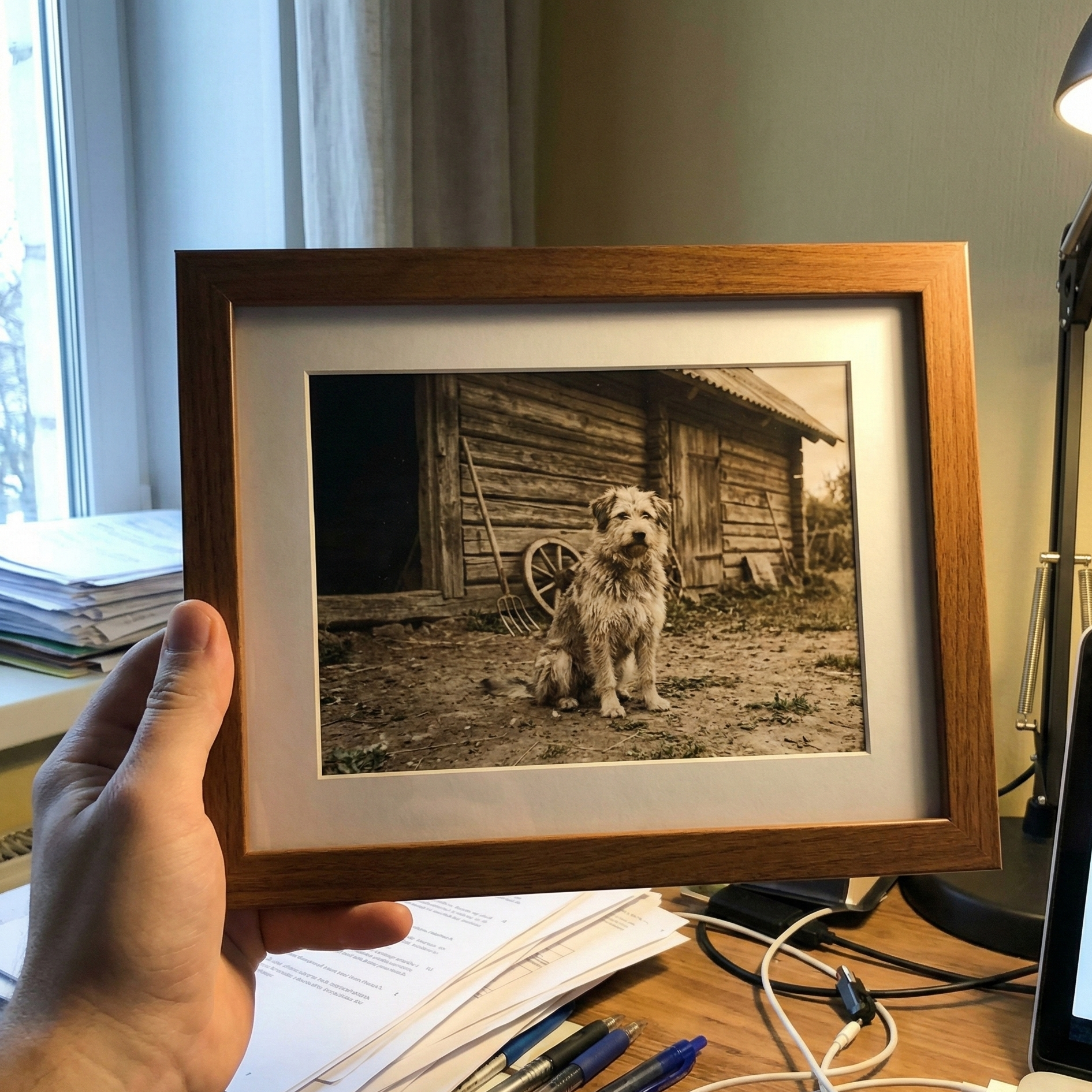 Įrėminta juodai balta šuns nuotrauka priešais medinę trobelę, laikoma rankoje.