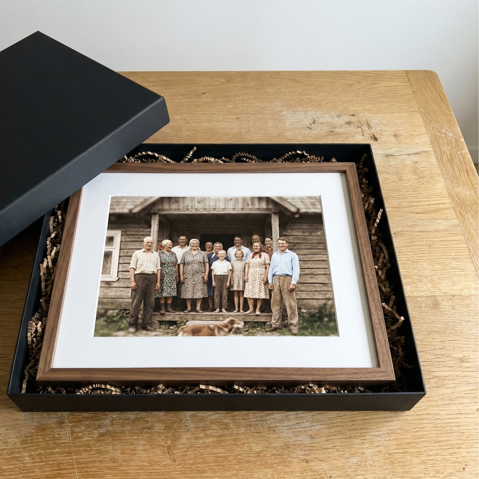 Įrėminta šeimos nuotrauka priešais medinį namą, padėta ant medinio stalo.